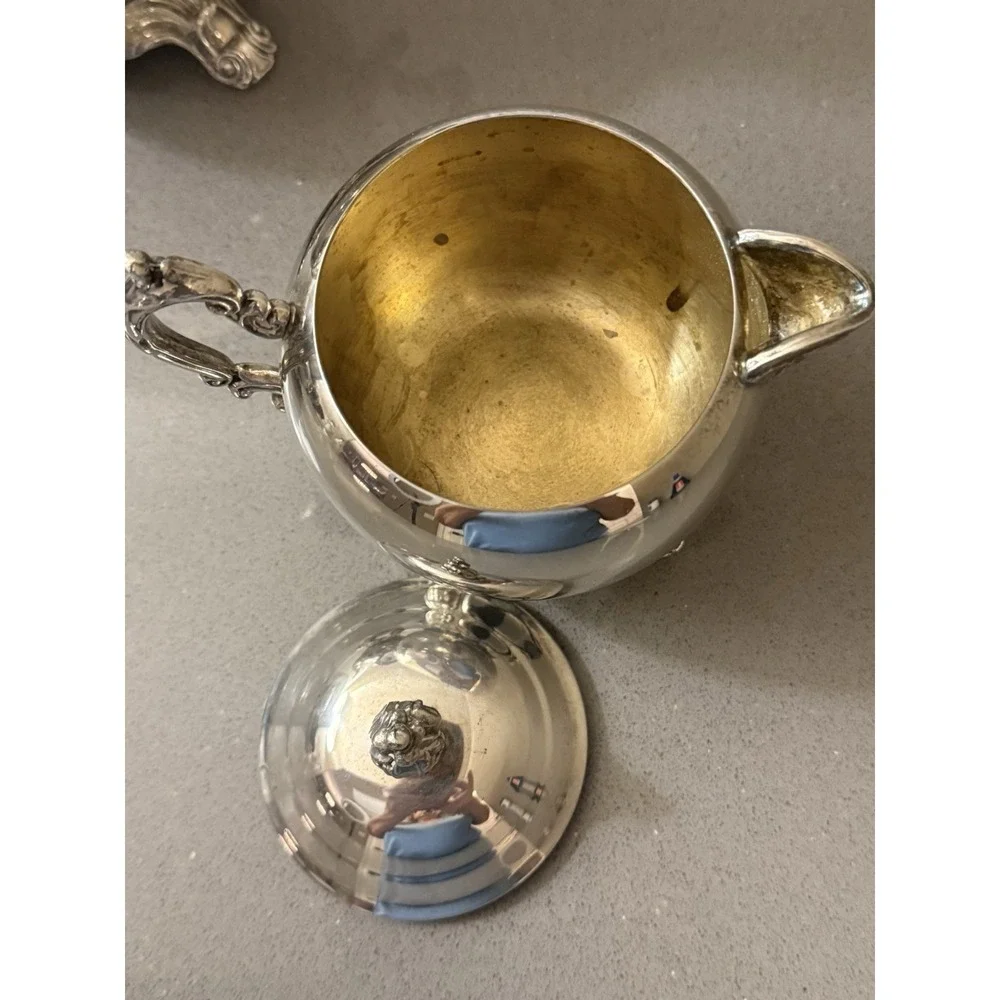 Vintage FB Rogers Silverplate Tea Coffee Pot Sugar Creamer W/ Lid Ornate Set 3